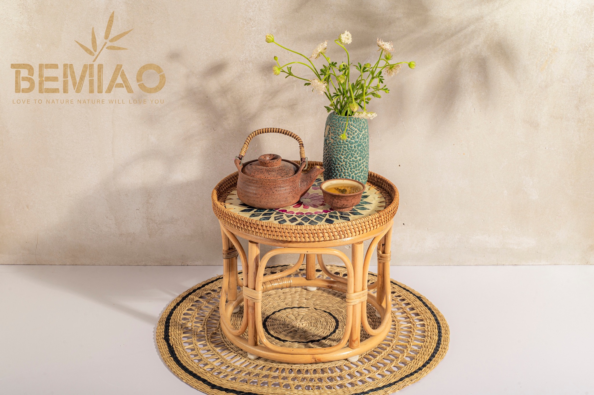 Bàn mây khảm trai - Mosaic pearl rattan table