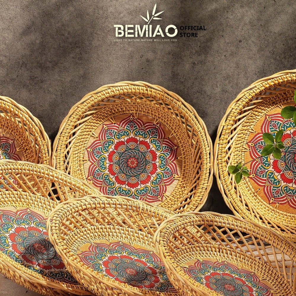 Khay tròn đáy gỗ họa tiết - Round tray with wooden bottom - Image 8