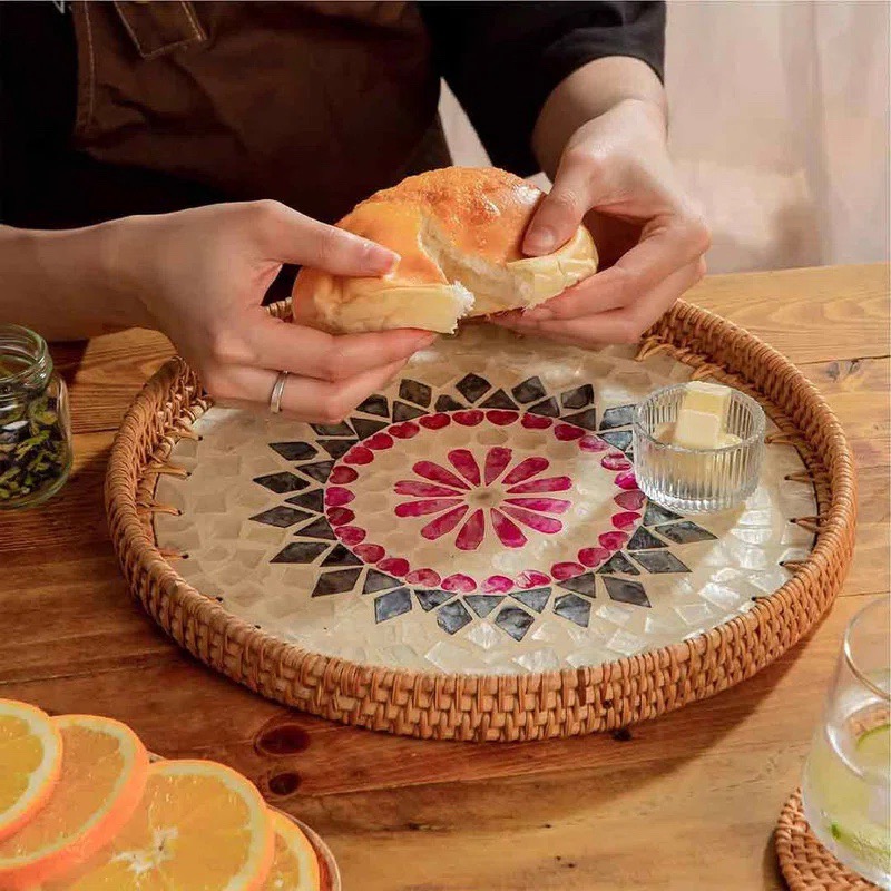 Khay mây khảm trai - Mosaic pearl rattan tray